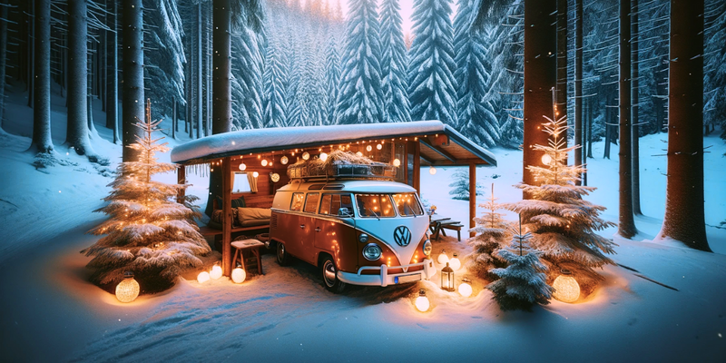 Wintercamping mit VW Bulli in verschneiter Landschaft, umgeben von Tannenbäumen und warmen Lichtern, Van One Bulli Magazin